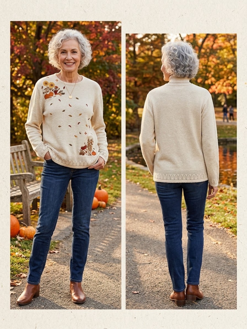 Karen Scott Vintage Cream Crewneck Sweater with Autumn Embroidered Motif SZ L